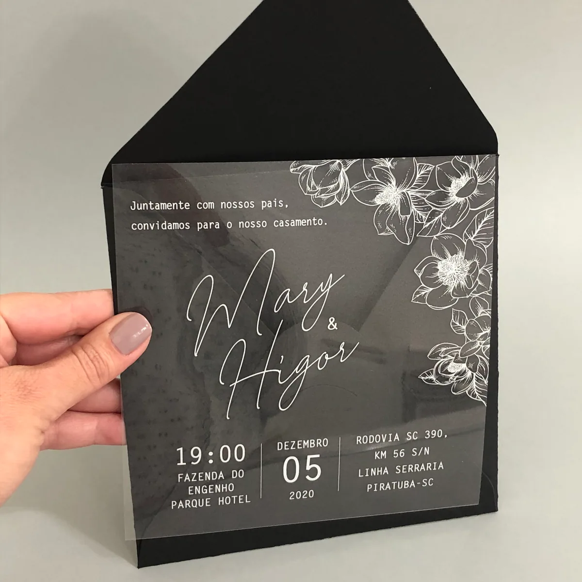 Convite de Casamento tema floral, envelope 15cm preto e laço